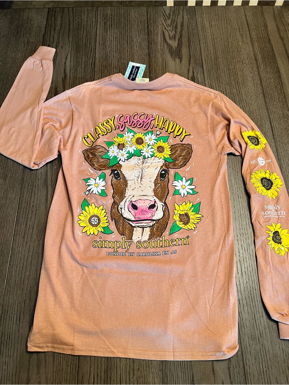 Simply Southern Pink Long Sleeve Tee with Floral Cow Graphic